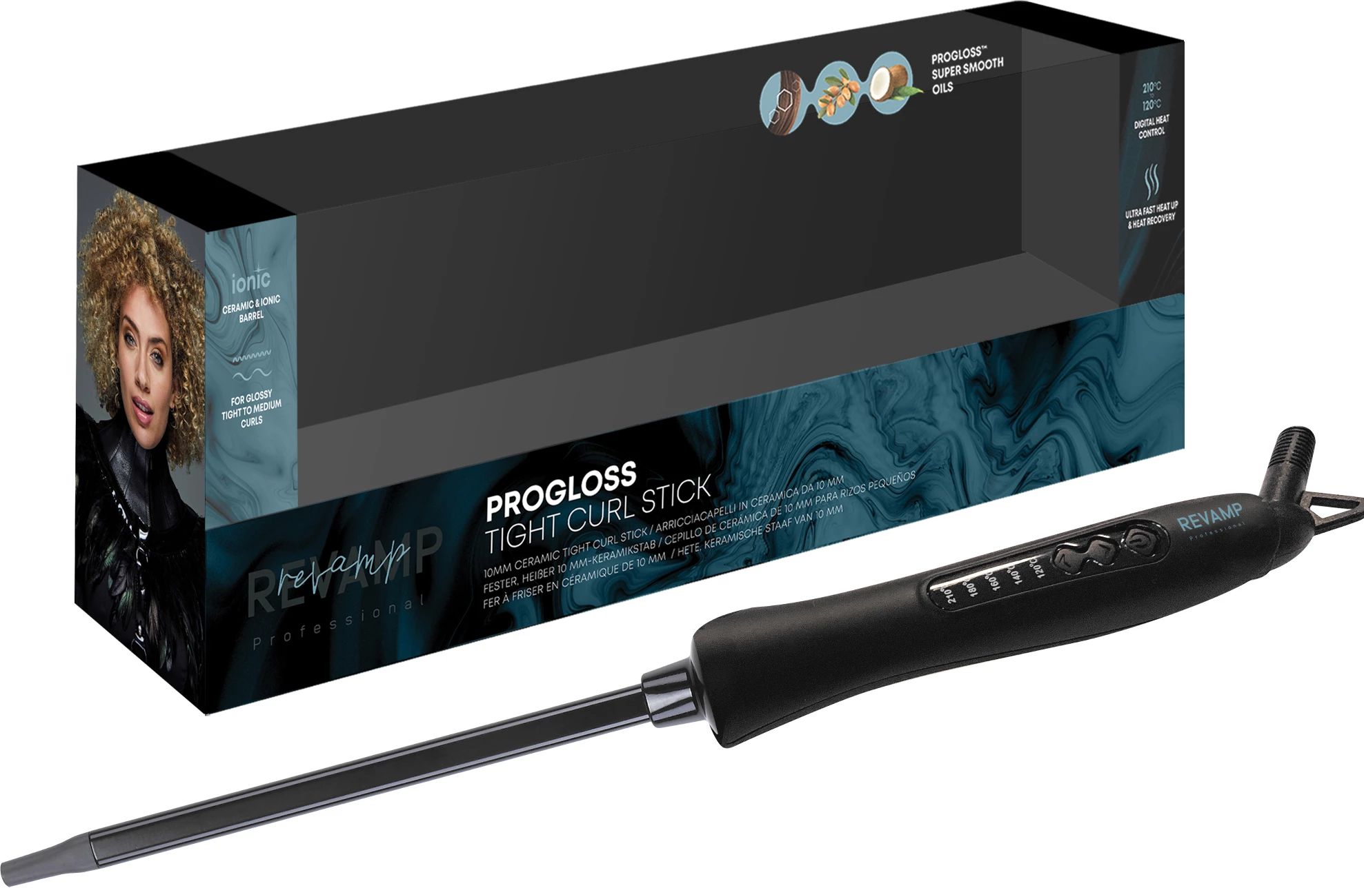 Shkop për kaçurrela Revamp Progloss Tight Curl Stick TO-1100, 10 mm, 120-210°C, i zi, me dorëzë rezistente ndaj nxehtësisë