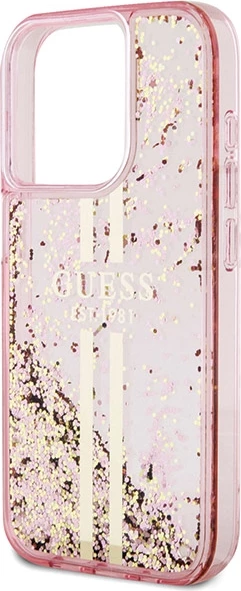 Mbështjellës Guess Liquid Glitter Gold Stripes për iPhone 15 Pro, Rozë
