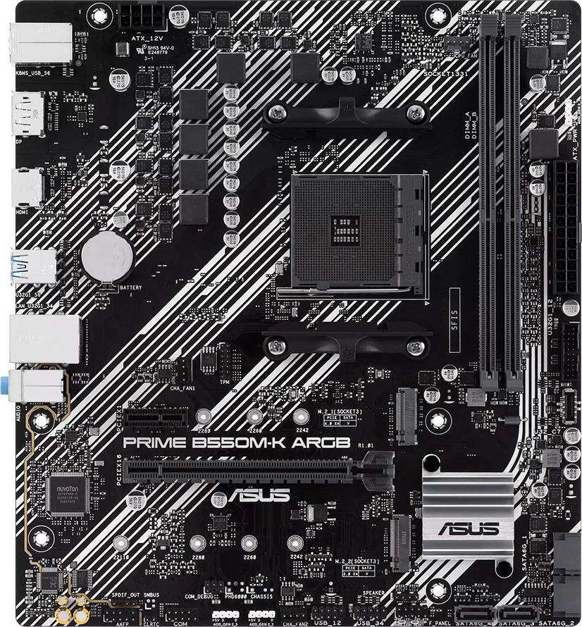 Pllakë amë ASUS PRIME B550M-K ARGB, AM4 mATX, AMD B550, DDR4 2xDIMM, 2xM.2, 4xSATA, PCIe 4.0, 1GbE, HDMI/DP/DVI, Aura Sync
