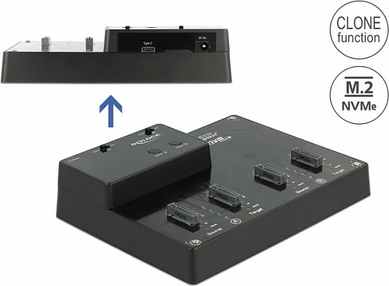Docking station DeLOCK M.2 për 4x NVMe PCIe SSD, USB-C 10 Gbit/s, me klonim, e zezë