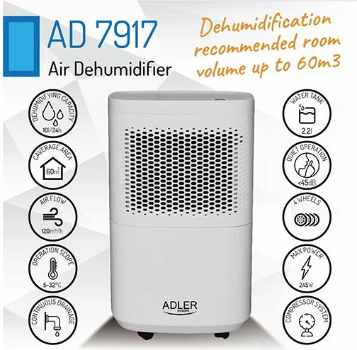 Dehumidifikues ajri ADLER AD7917 10 L/24h, rezervuar 2.2 L, kompresor, i bardhë