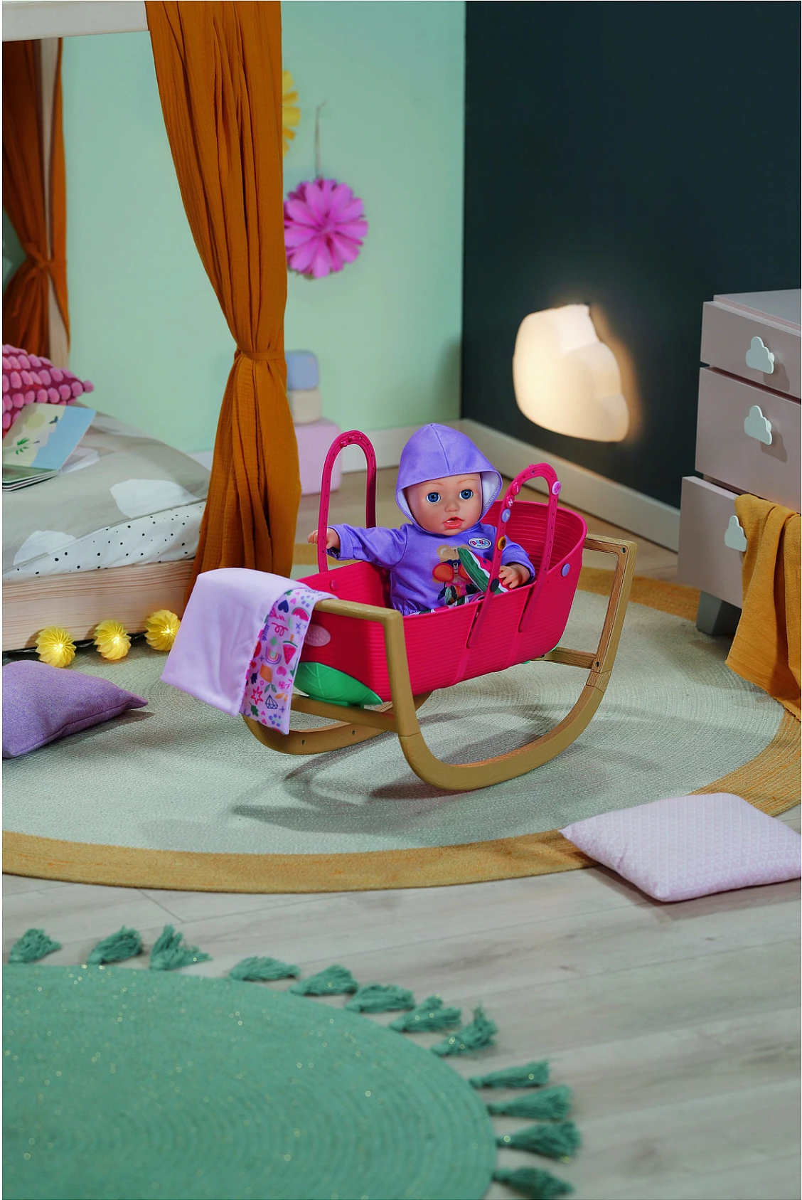 Krevat për kukulla Zapf Creation BABY born Pinplay Bassinet 3 në 1, me lëkundje, shumëngjyrësh