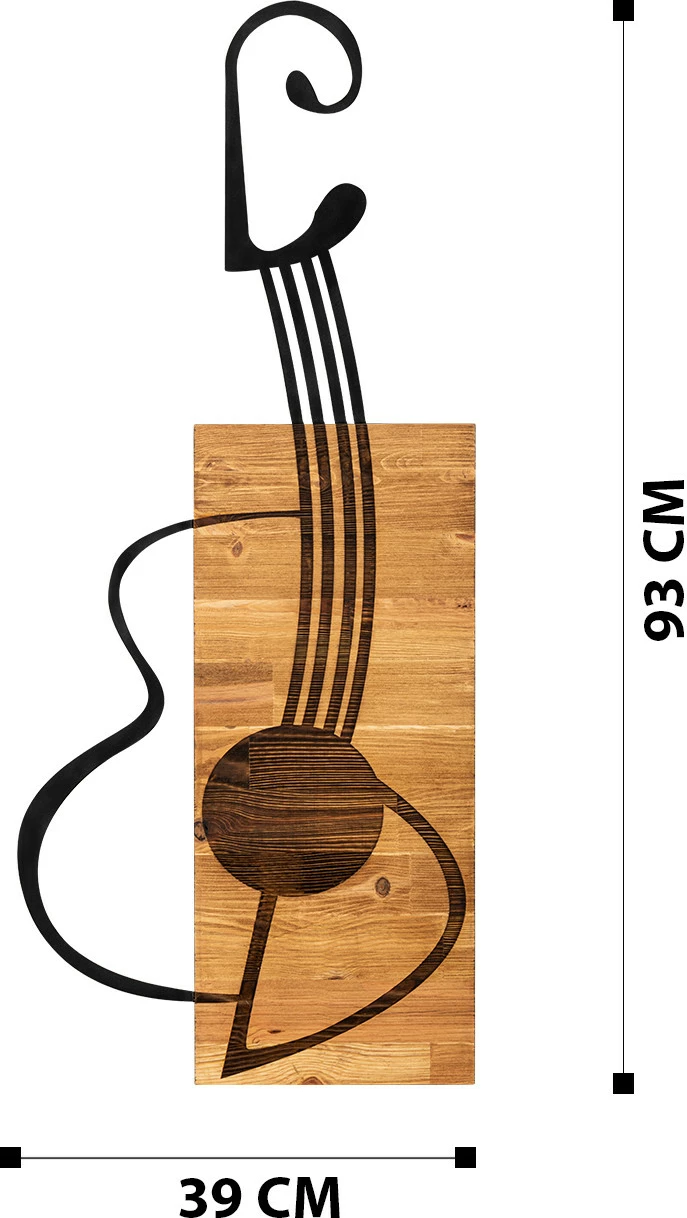 Aksesor dekorativ për mur, dru dhe metal, formë kitare, Wallity, ngjyrë e zezë dhe arre, 39x13cm