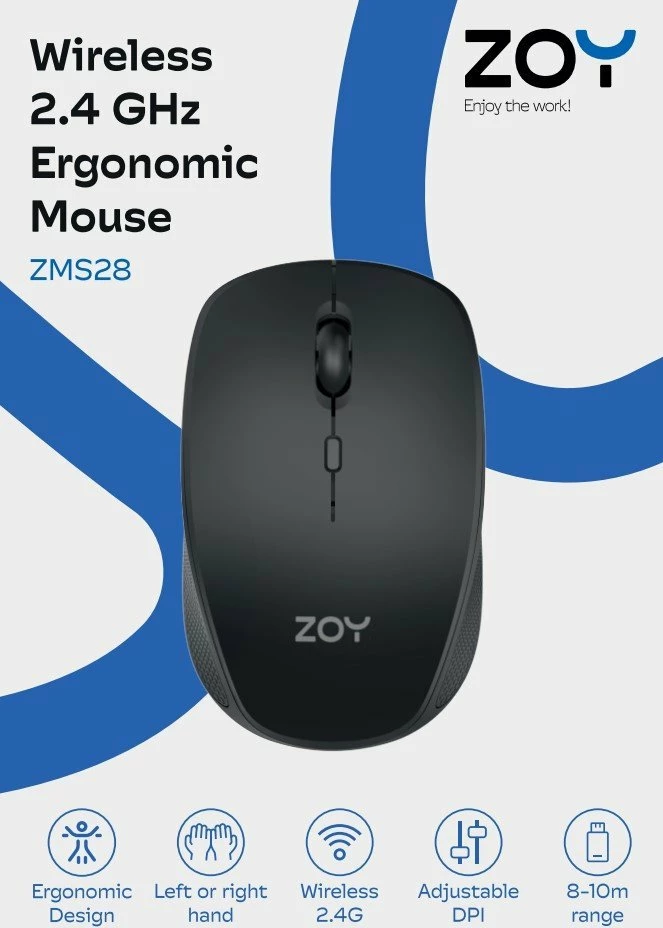 Maus wireless ZOY ZMS28 1600 DPI, 4 butona, receiver USB, i zi/grafit, set me bateri AA