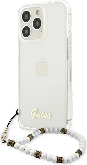 Mbështjellës Guess GUHCP13LKPSWH për iPhone 13/13 Pro 6.1", Transparent, me varëse perlë