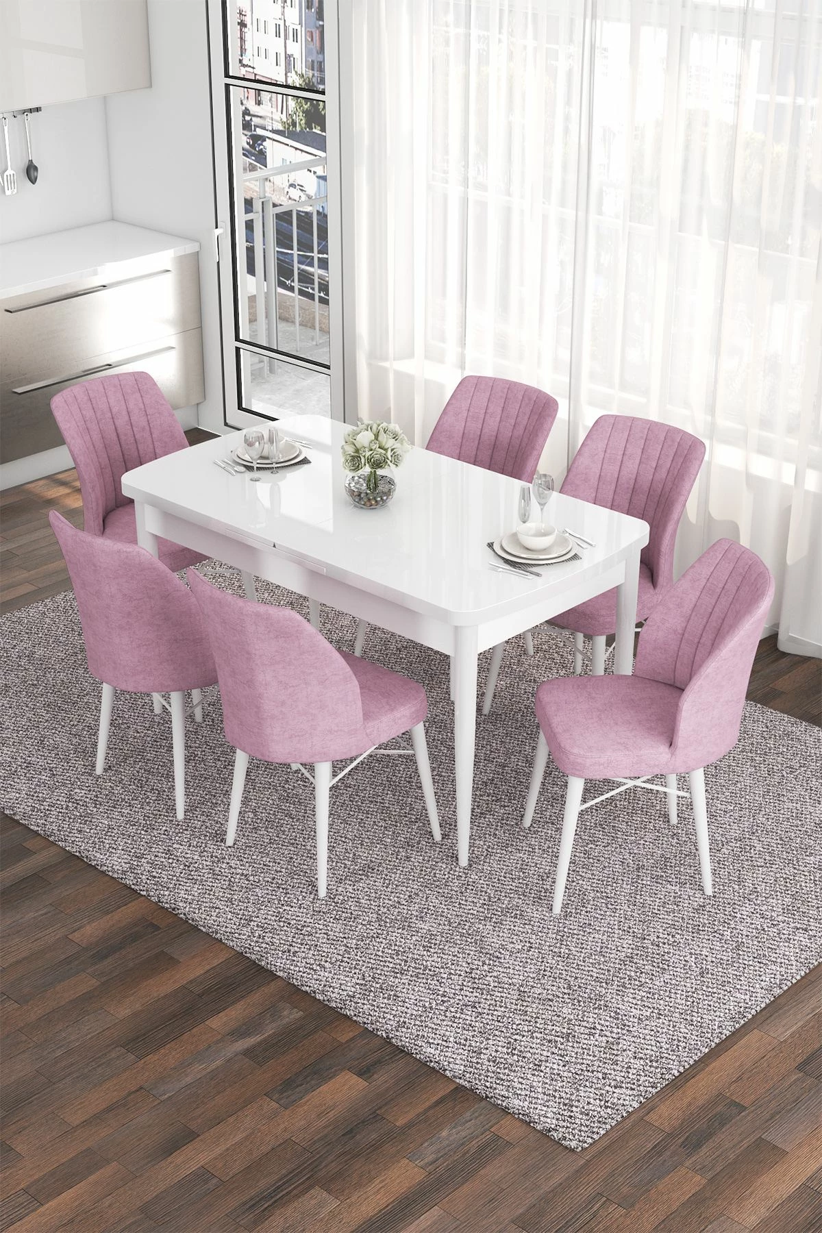 Tavolinë me karrige, e zgjatshme, 7 copë, ngjyrë e bardhë dhe rozë, Skye Decor, Eva