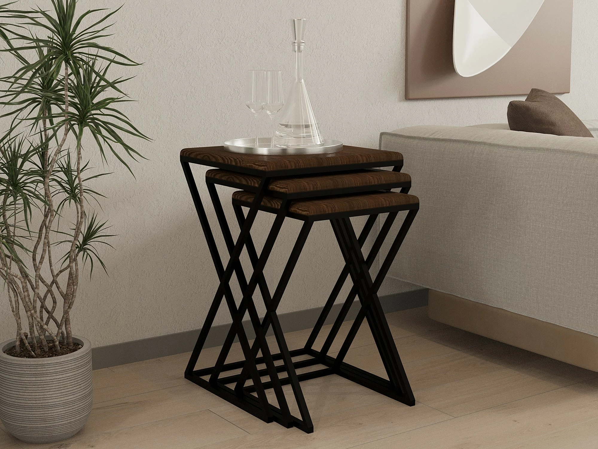 Set tavolinash ndihmëse (3 copë), Hanah Home, Z Zigon, ngjyrë arre dhe e zezë