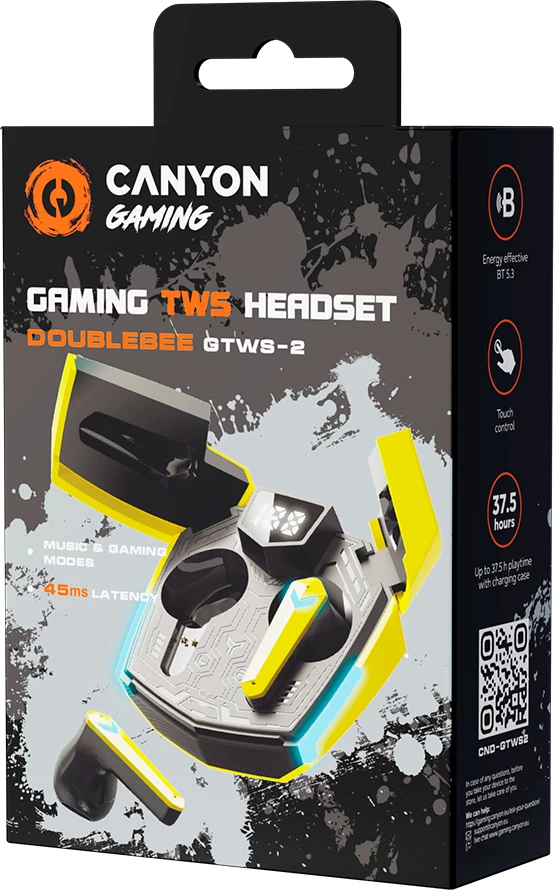 Kufje CANYON Doublebee GTWS-2 TWS Bluetooth 5.3 gaming, low latency 45ms, të verdha