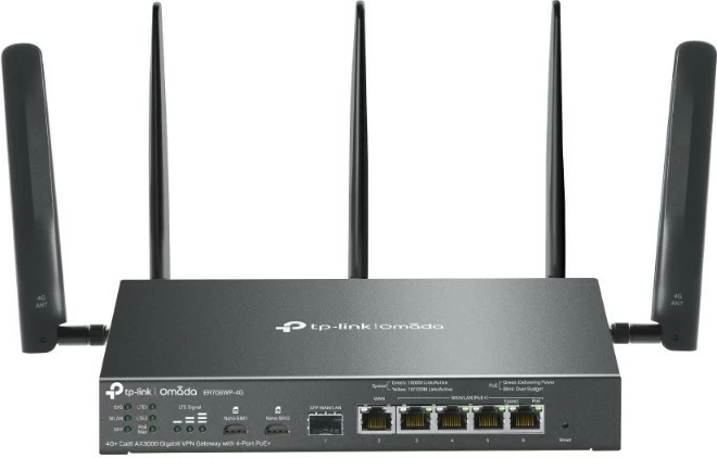 Gateway rrjeti TP-LINK ER706WP-4G Omada, AX3000, 4G+ Cat6, 4 porte PoE+, e zezë