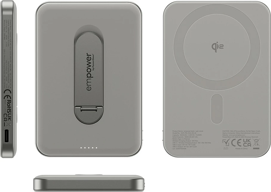 Power bank PanzerGlass empower Bank Spin Stand, 5000mAh, Qi2/MagSafe, 15W wireless, USB-C 20W, Titanium