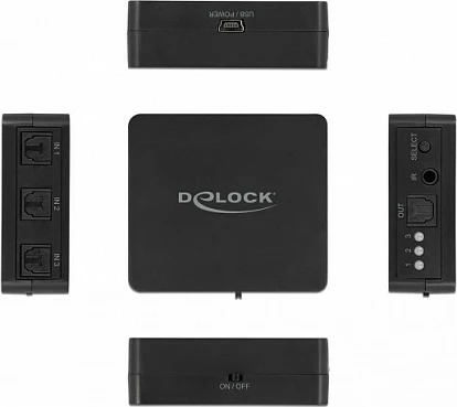 Switch optik audio S/PDIF TOSLINK DeLOCK, 3 hyrje 1 dalje, me telekomandë IR, USB, i zi