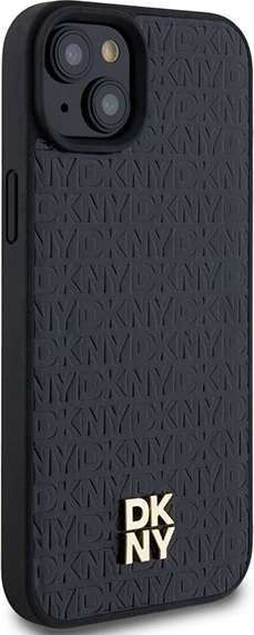 Mbështjellës DKNY Leather Monogram Pattern Metal Logo MagSafe për iPhone 15 Plus / 14 Plus, i zi