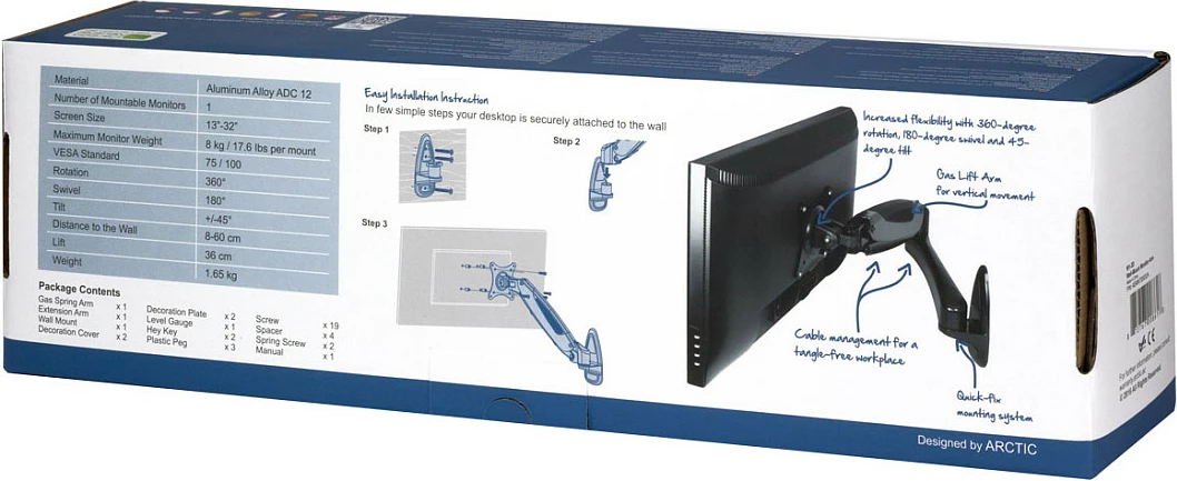 Mbajtës monitori ARCTIC W1-3D, Gas Lift Technology, 8 kg, 13-32", i zi