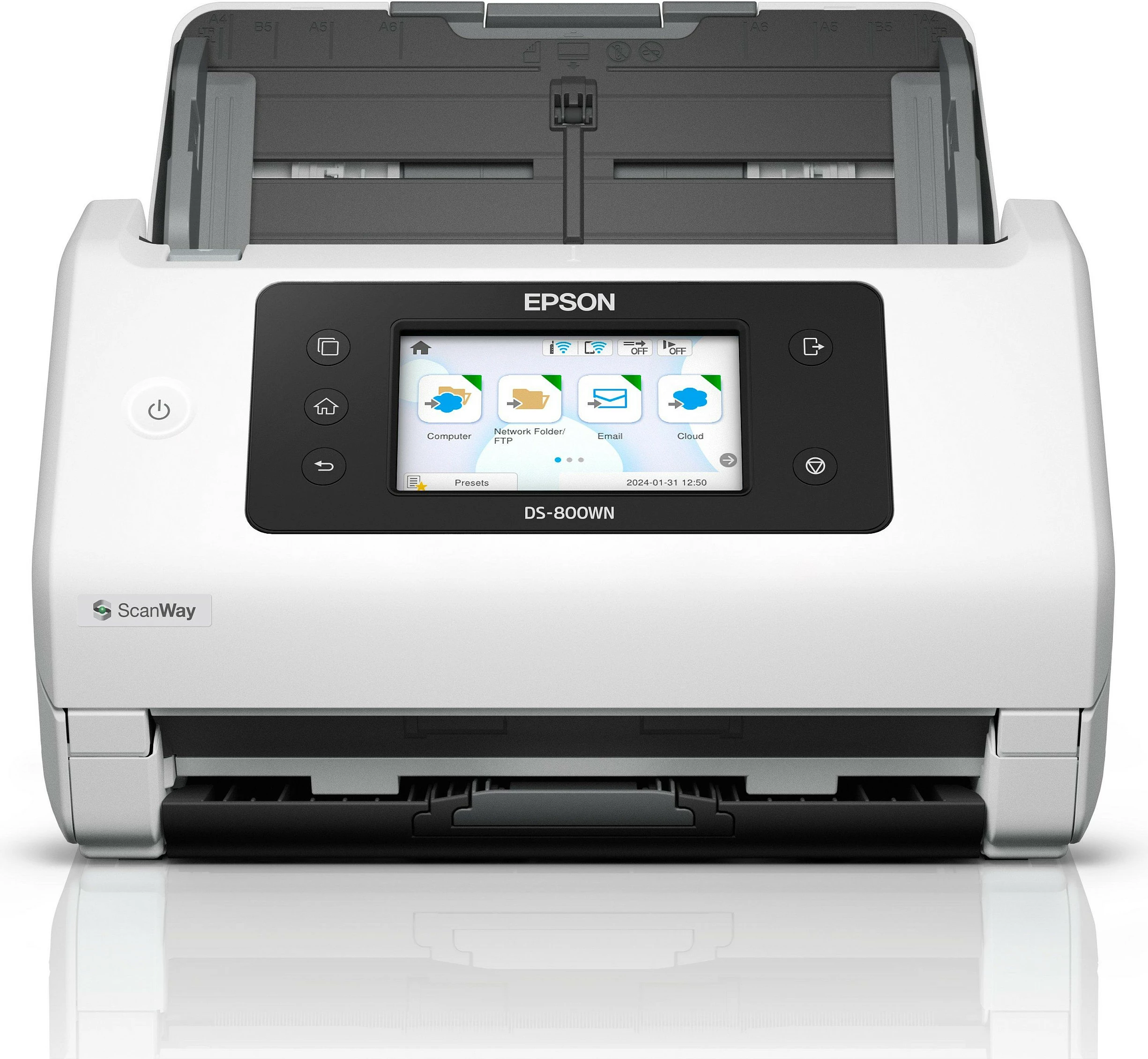 Skaner Epson WorkForce DS-800WN, A4/A3, Wi‑Fi/Ethernet, ADF 100 fletë, 50 ppm / 100 ipm, touchscreen, bardhë