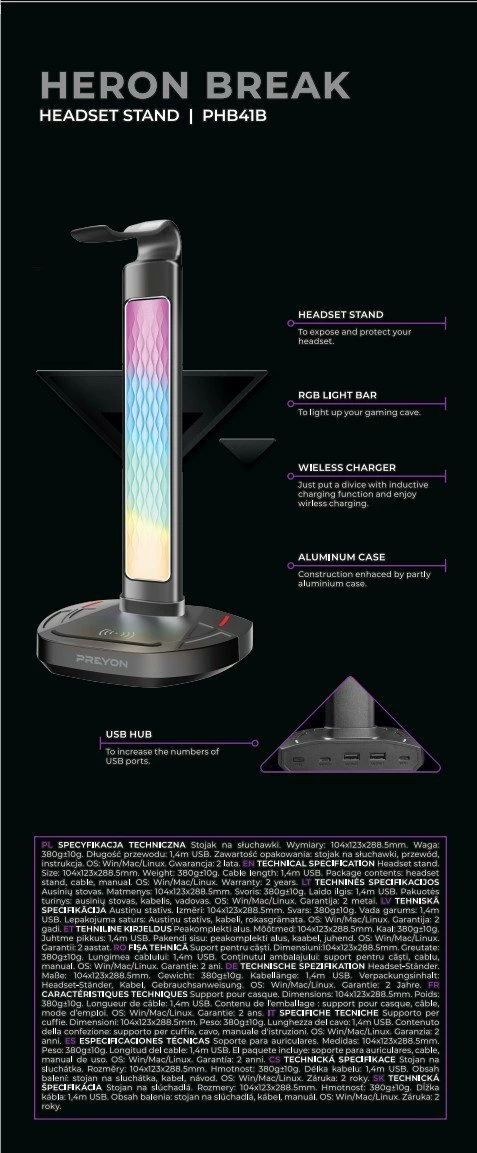 Mbajtëse kufjesh PREYON Heron Beak PHB41B, RGB, karikues pa kabllo, USB hub, e zezë
