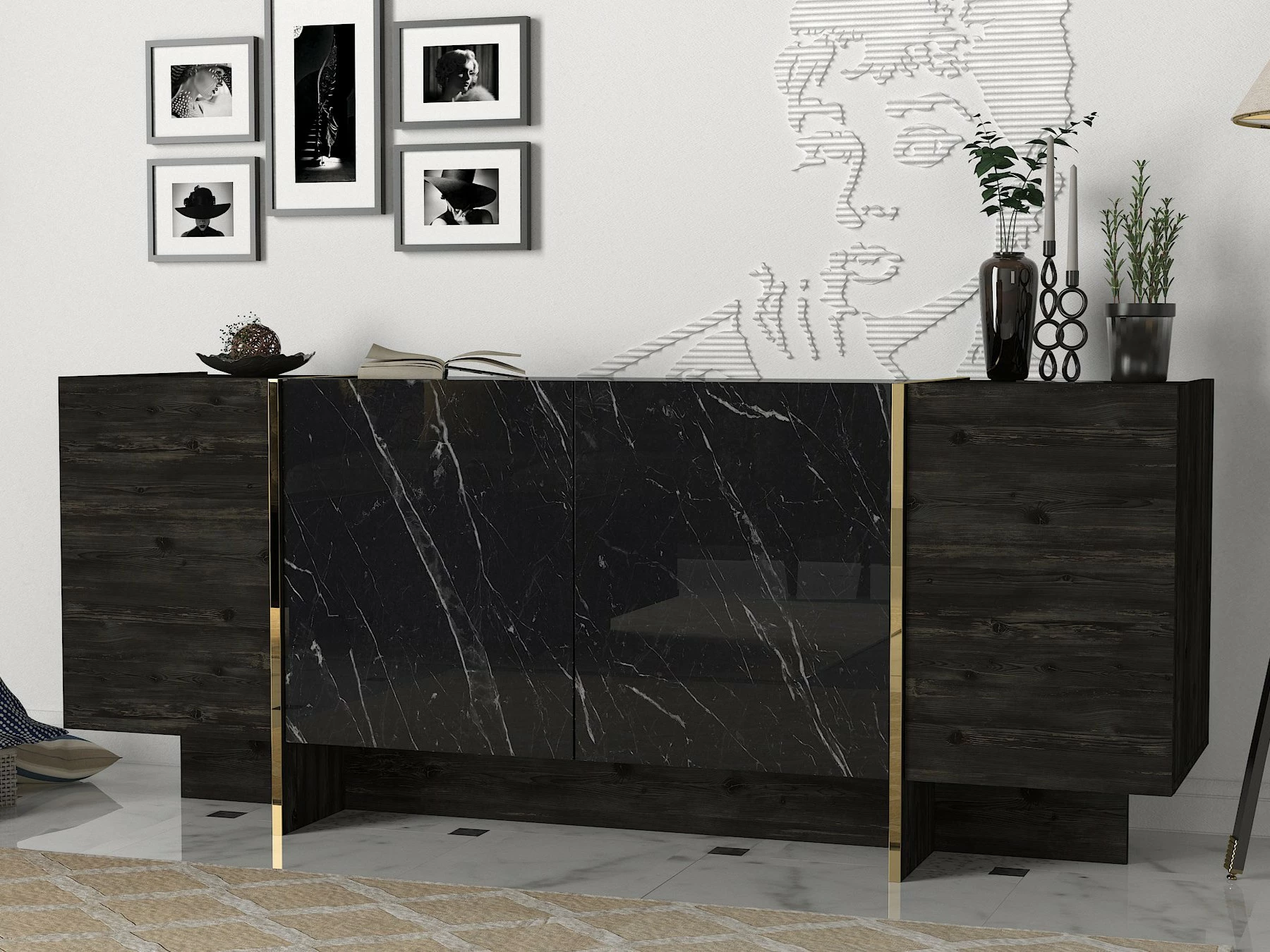 Konsolë moderne, ngjyrë e zezë dhe ari, Skye Decor, Veyron