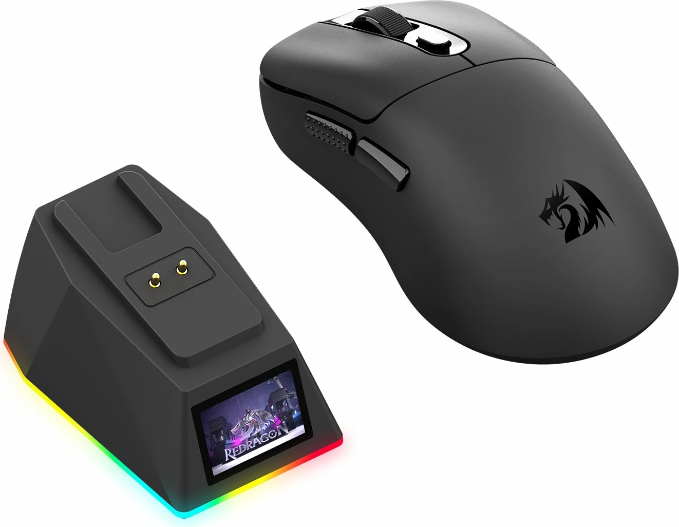 Maus Redragon Ebony Ultra M998-ULT 8K, 30000 DPI, tri-mode (USB/2.4GHz/Bluetooth), 6 butona, 61 g, me stacion karikimi magnetik RGB me LCD, i zi, set 2 copë