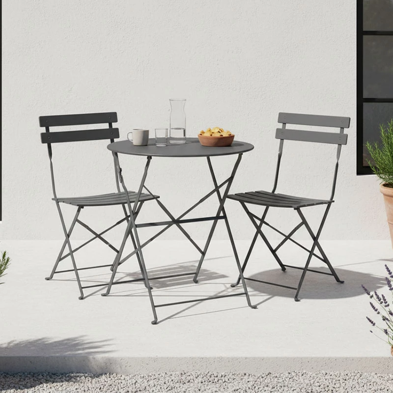 Set bistro tavolinë me karrige, metalike, palosëse, ngjyrë antraciti, 3 copë, Φ60x71cm