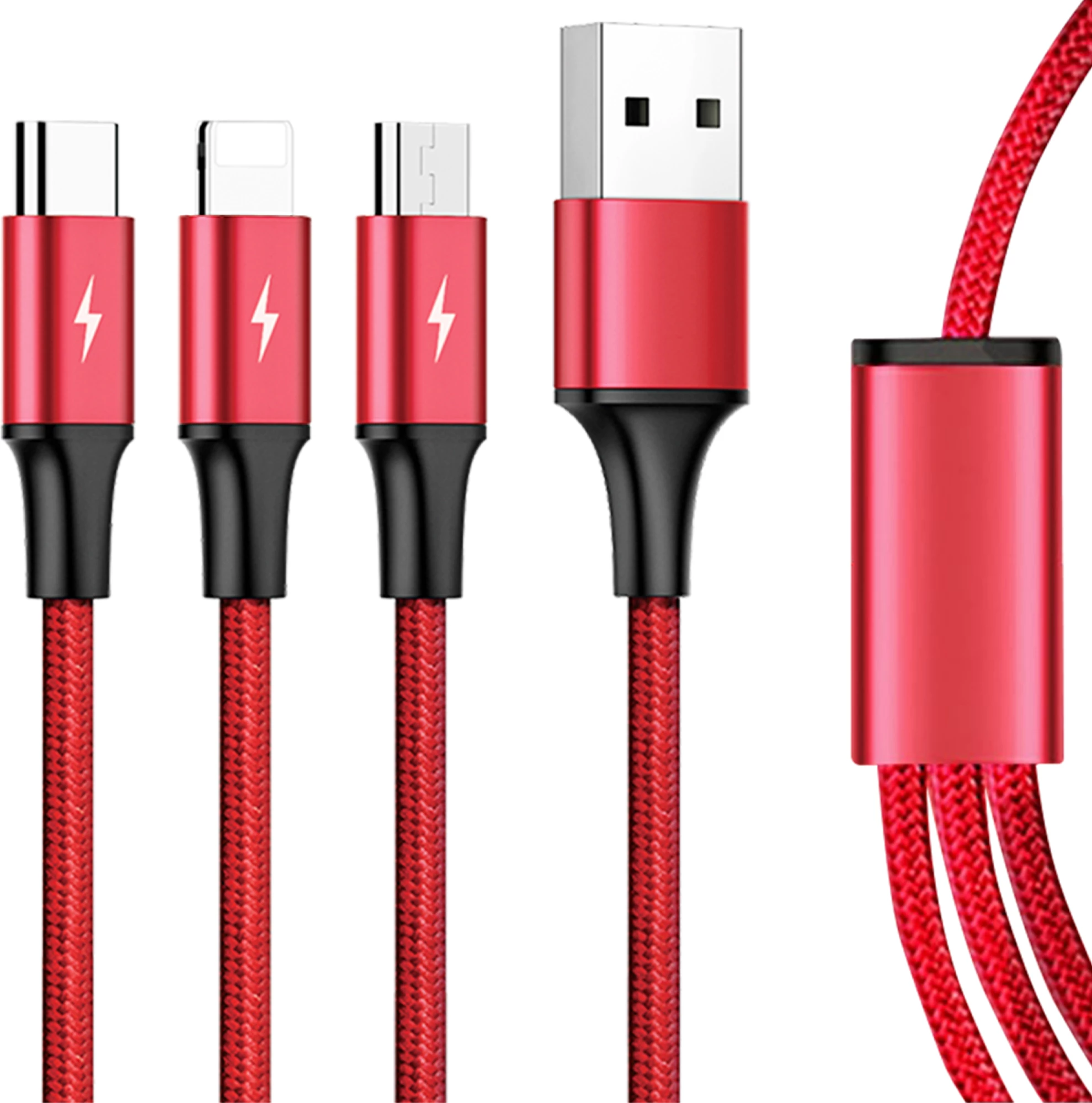 Kabllo karikimi USB-A në USB-C/MicroUSB/Lightning Unitek C4049RD 1.2 m 3A, e kuqe