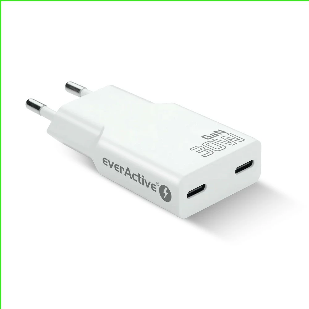 Adapter karikues muri, everActive, SC-385Q, GaN PD 30W, 2x USB-C, super slim, bardhë