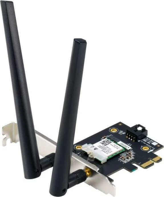 Kartelë rrjeti Wi‑Fi Asus PCE-AX1800 (90IG07A0-MO0B00) PCIe, Wi‑Fi 6 AX1800, Bluetooth 5.2, 2 antena të jashtme, e zezë