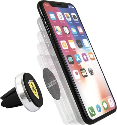 Mbajtës magnetik për celular Ferrari Scuderia FESCHBK, për grilë ventilimi 360°, me 2 pllaka magnetike, zi/argjend