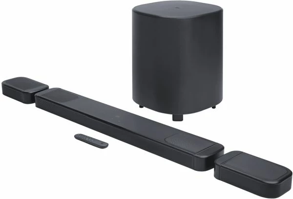 Soundbar JBL Bar 1000 MK2 7.1.4 Dolby Atmos/DTS:X 10\" subwoofer wireless 880W RMS, e zezë, set me subwoofer dhe altoparlantë të pasëm