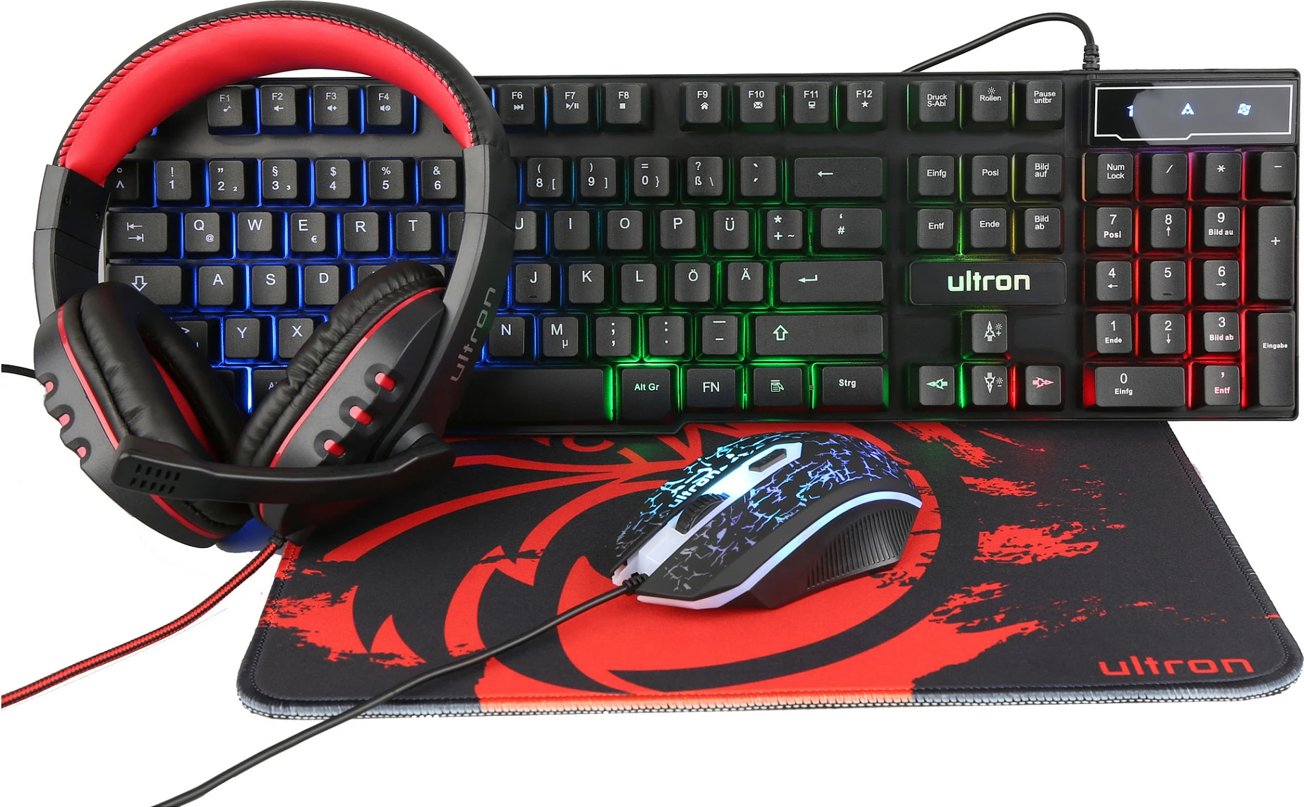 Set gaming Ultron HAWK, tastierë full-size QWERTZ me LED, maus 3200 DPI, kufje me mikrofon, mauspad, zi/kuq/bardhë