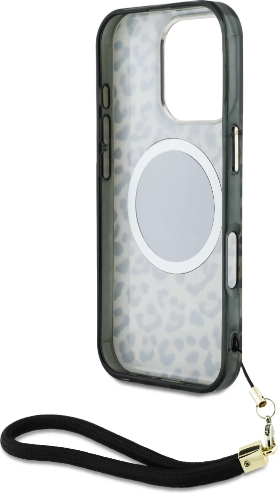 Mbështjellës Guess HC IML Leopard Triangle Cord Strap për iPhone 16 Pro Max, MagSafe, Kafe
