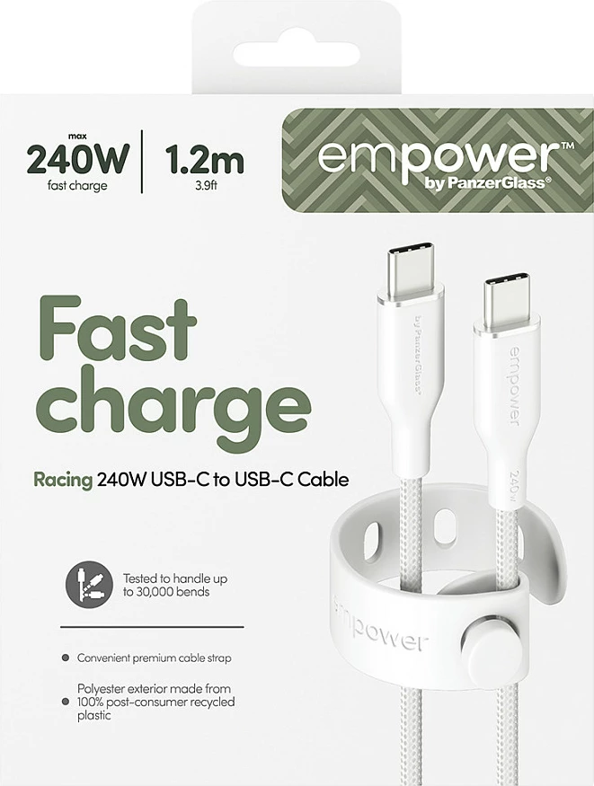 Kabllo USB-C në USB-C PanzerGlass empower Racing 240W, 1.2m, USB 2.0, Bardhë