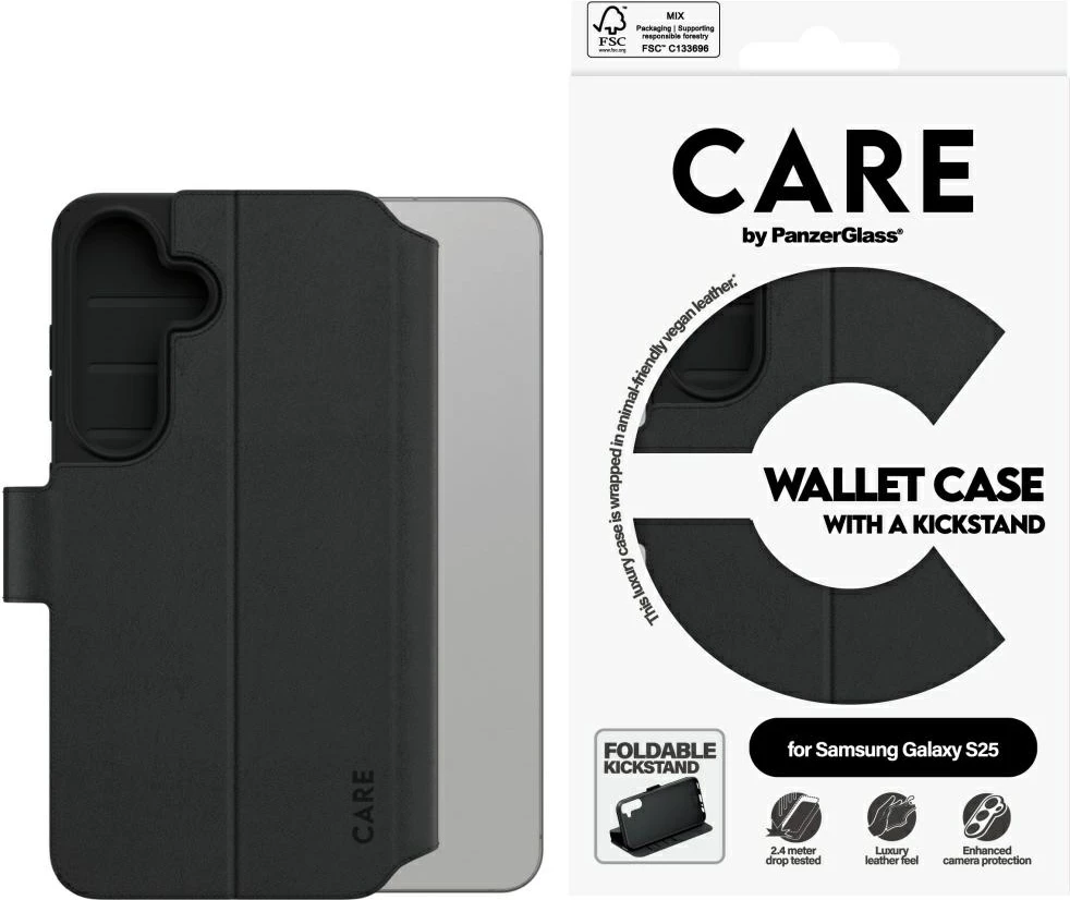 Mbështjellës PanzerGlass CARE wallet me kickstand për Samsung Galaxy S25, Zi