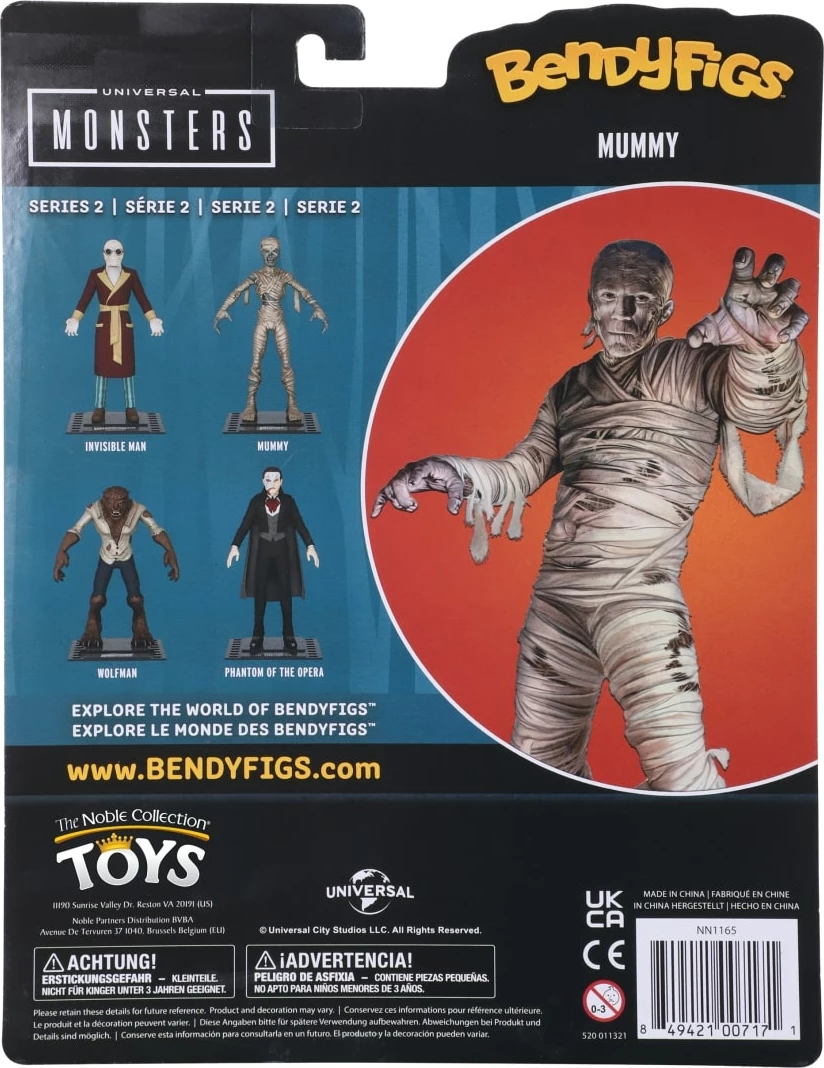 Figurinë NOBLE COLLECTION Bendyfigs Universal Monsters Mummy 19 cm me stendë, bezhë