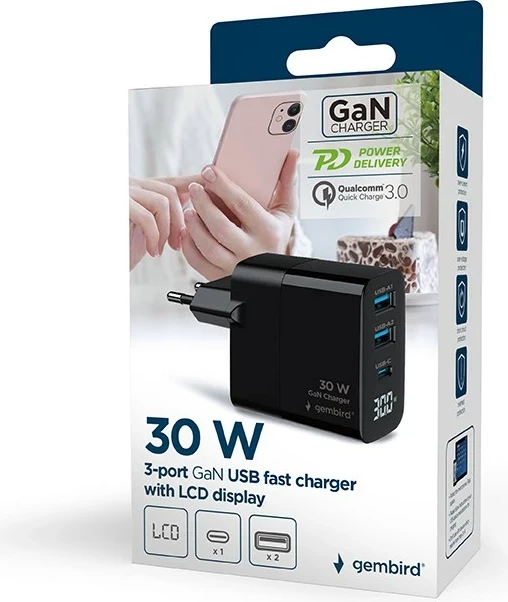 Karikues universal Gembird TA-UC-PDQC30LCD-BK-02 me ekran LCD, 30W, i zi