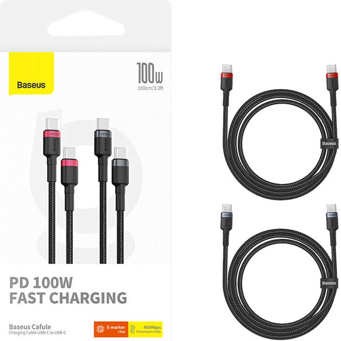 Kabllo USB-C në USB-C Baseus Cafule, 2m, 100W, set prej 2 copë, kuqe-e zezë dhe gri-e zezë