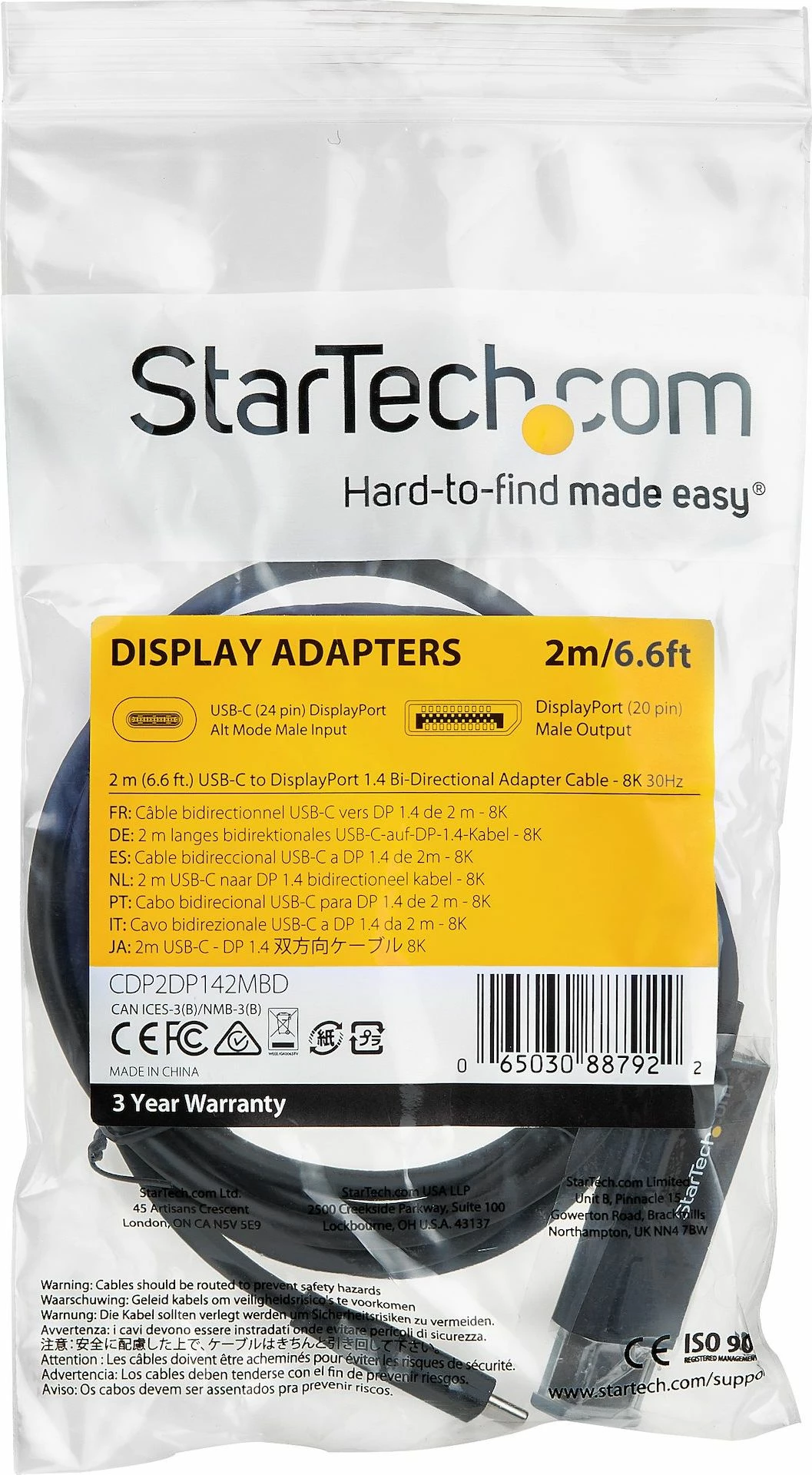 Kabllo USB-C në DisplayPort StarTech CDP2DP142MBD 1.4 m 4K@60Hz, e zezë