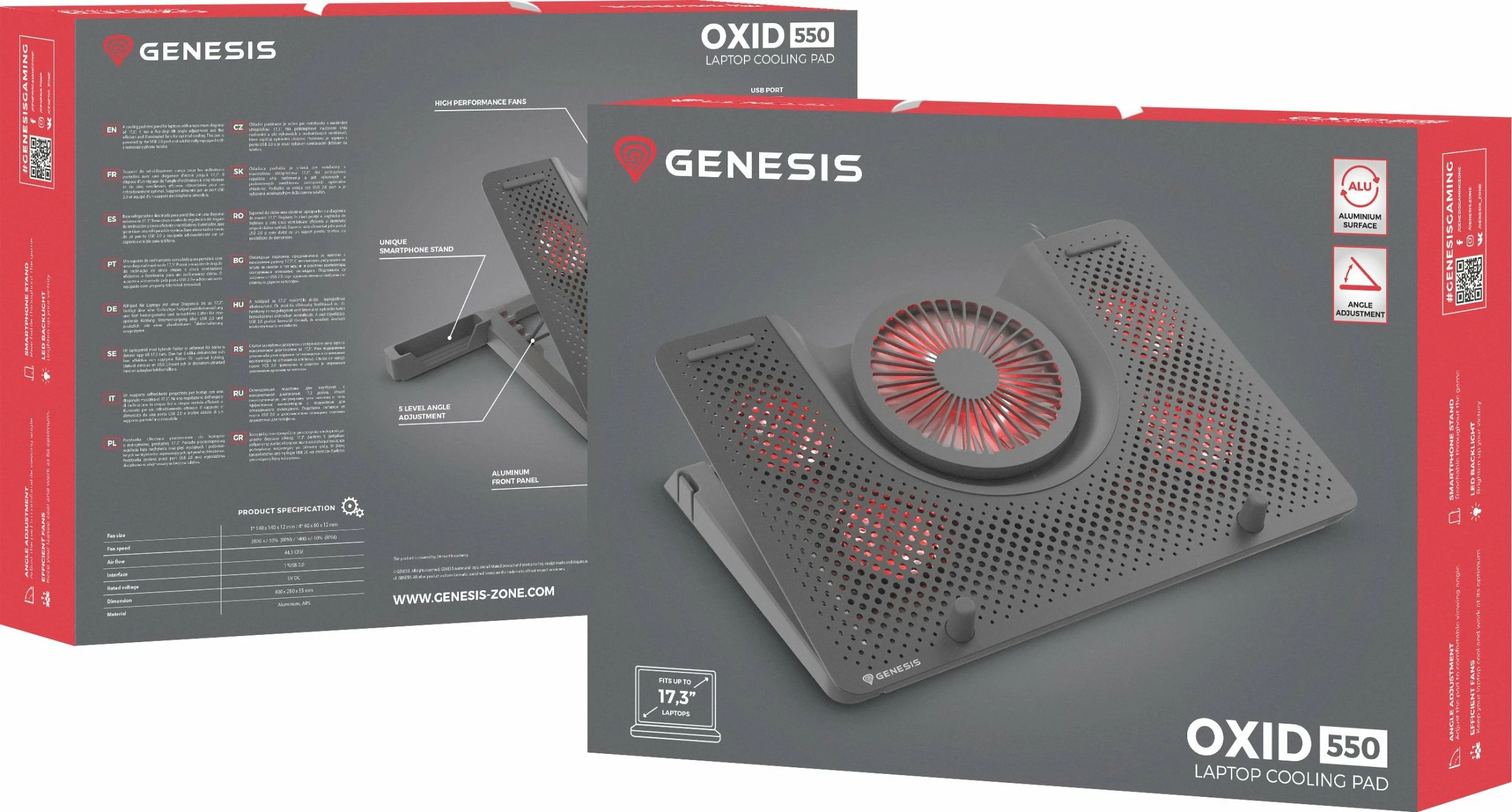 Mbajtëse ftohëse për laptop Genesis Oxide 550 NHG-1411, deri 17.3\", 5 ventilatorë, LED, USB 2.0 hub, e zezë