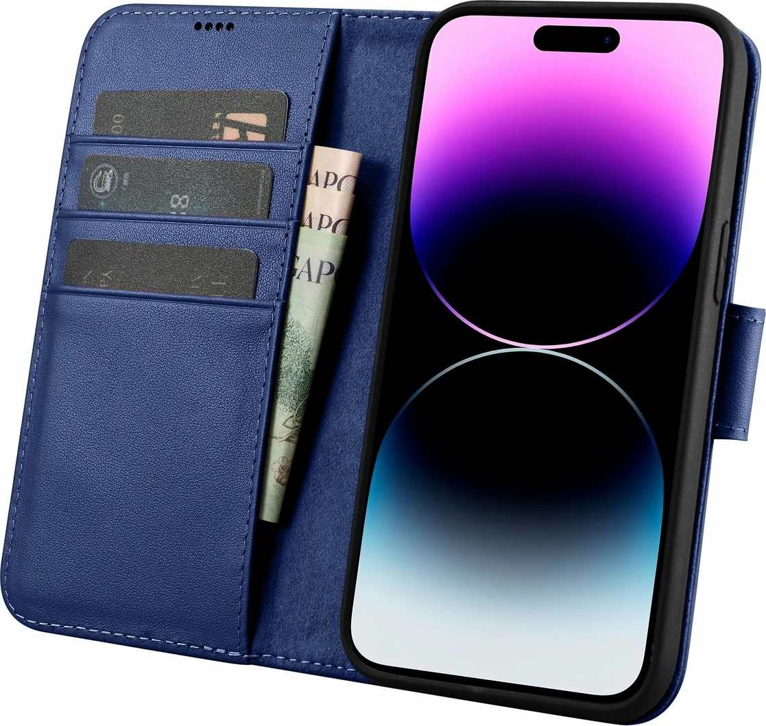 Mbështjellës iCarer Wallet Case 2in1 për iPhone 14 Pro, lëkurë natyrale, Anti-RFID, Blu
