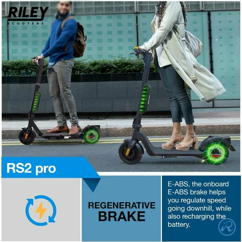 Skuter elektrik Riley RS2 Pro, rreze deri 45 km, motor 350 W (700 W peak), bateri 36 V 8.7 Ah e heqshme, goma 10\" pneumatike, i palosshëm, e zezë me detaje blu