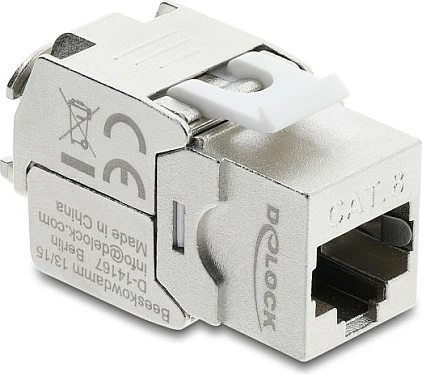 Modul Keystone DeLOCK RJ45 në LSA, Cat8.1, i mbrojtur, tool-free, argjendtë/bardhë