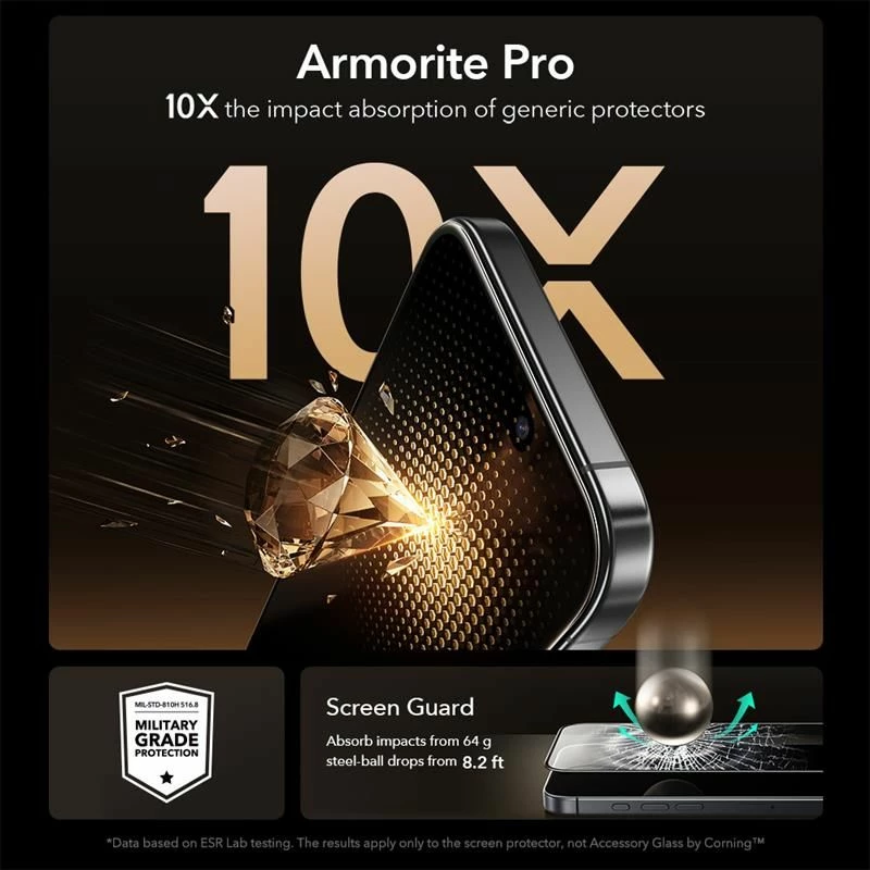 Xham i temperuar mbrojtës ekrani ESR UltraFit Armorite Pro për iPhone 16 Pro / 17, transparent, set 1 copë + kit instalimi