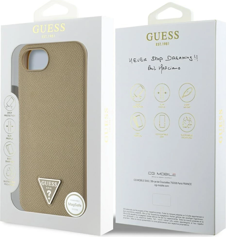 Mbështjellës Guess Grained Triangle MagSafe për iPhone 16e, Kafe