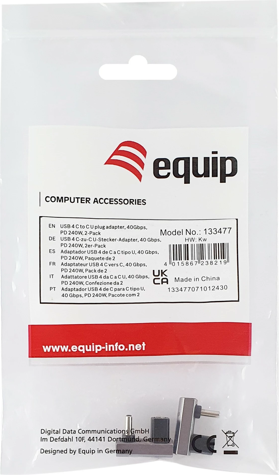 Adapter USB4 C-C Equip 133477, 40Gbps, PD 240W, 2 copë, zi, hiri