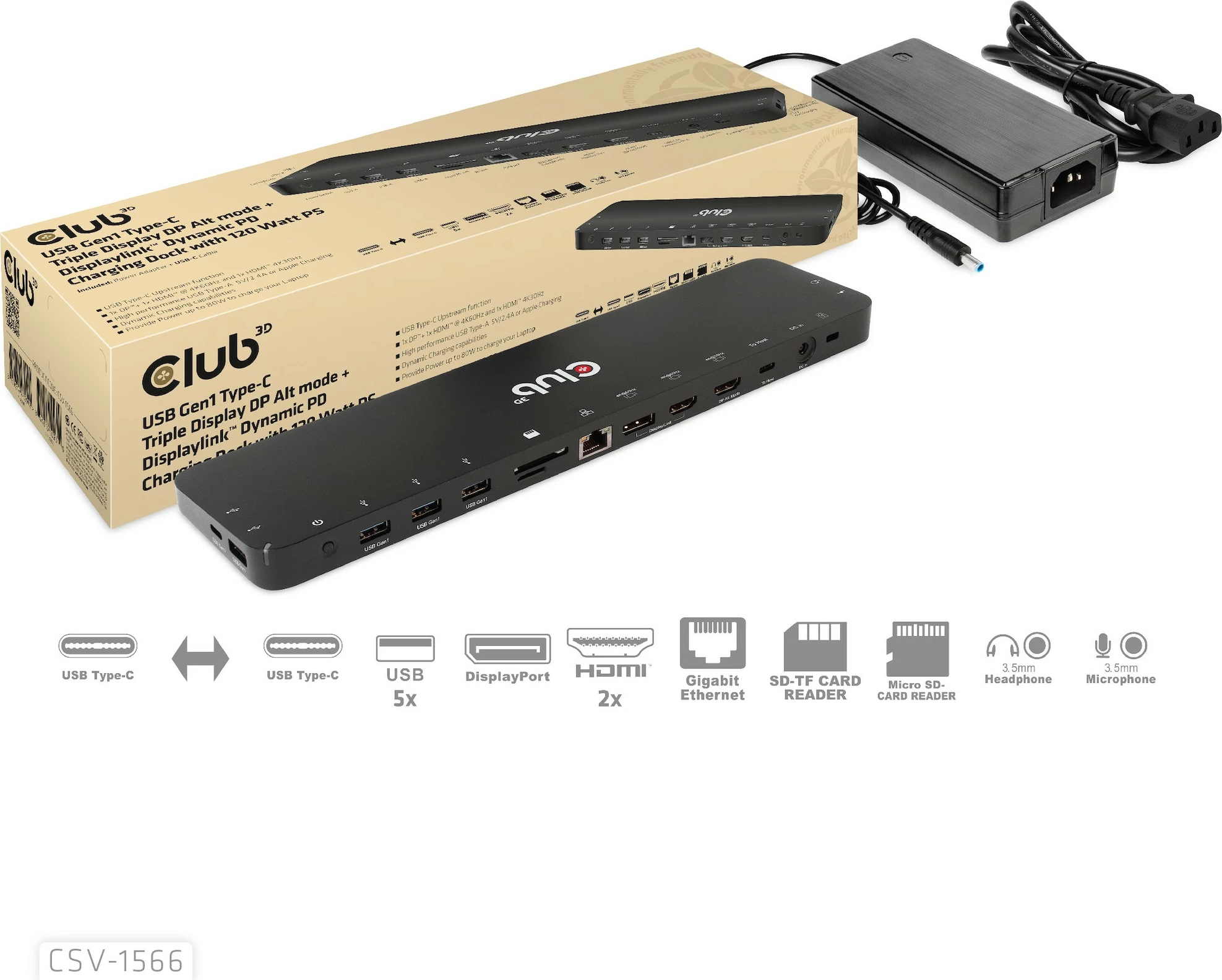 Docking station Club3D CSV-1566, 6xUSB3, 2xHDMI, DisplayPort, LAN, 120W, e zezë