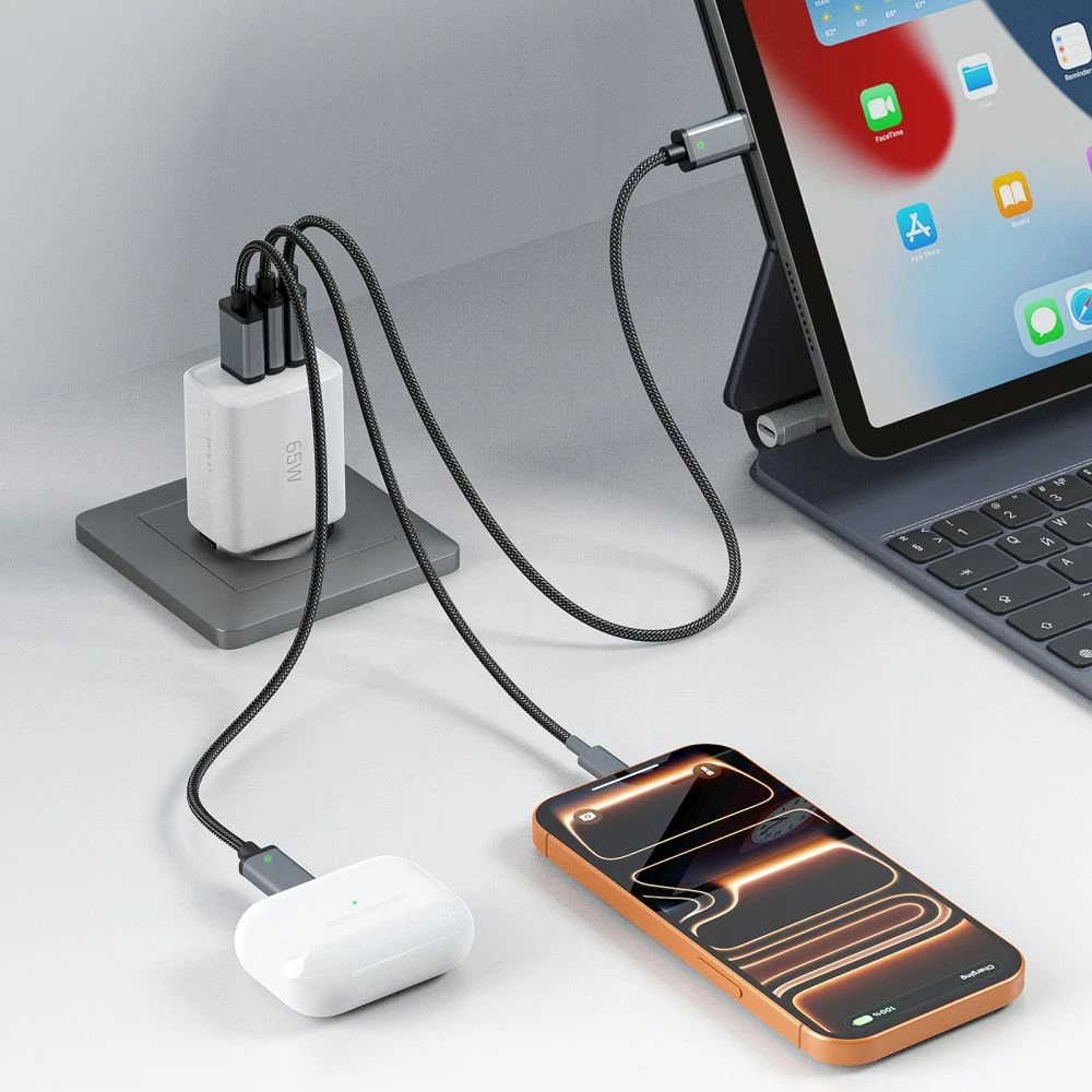 Karikues muri Tech-Protect NCA65W-GAN, 65W, 3 porta (2x USB-C PD + USB-A QC 3.0), me kabllo USB-C 1m, bardhë