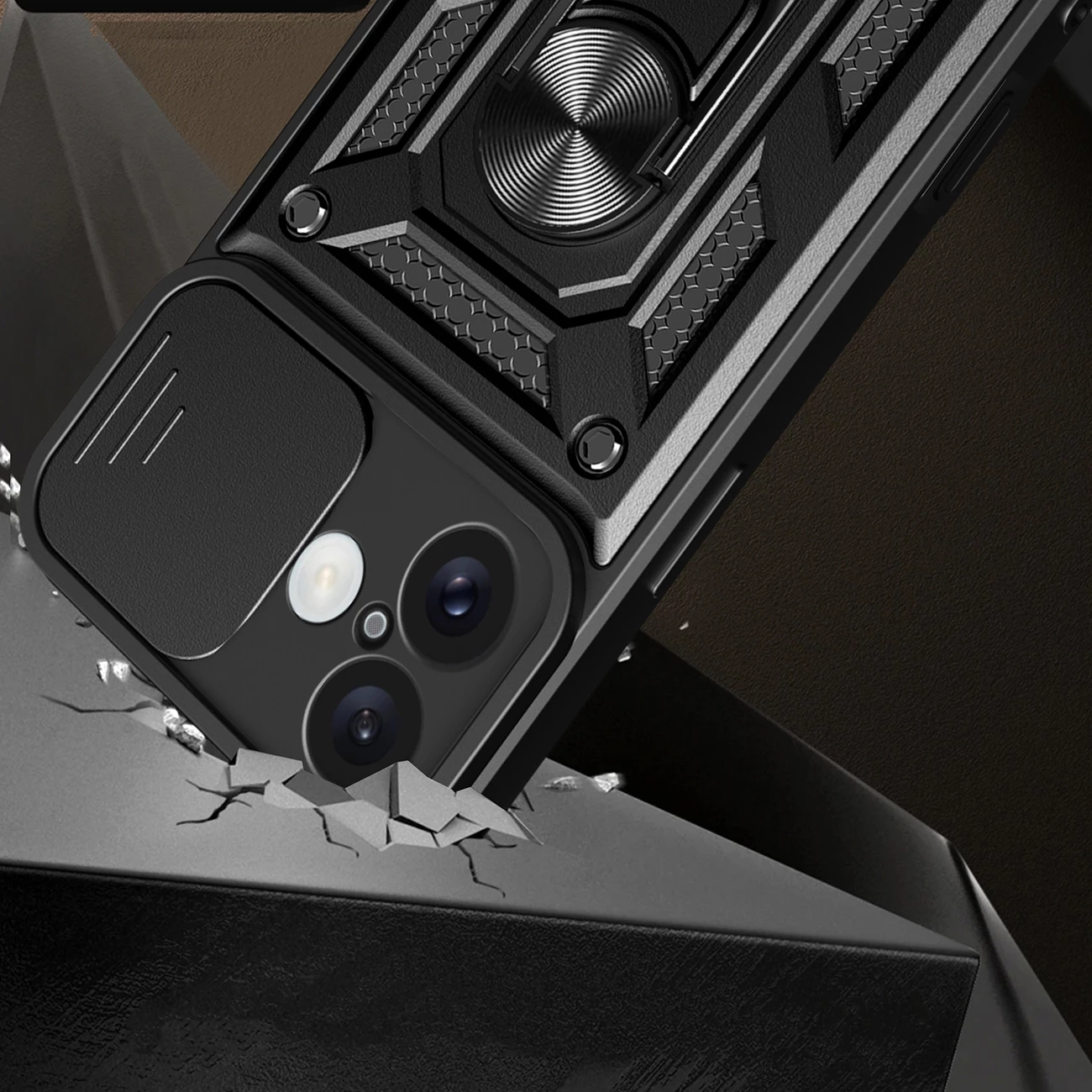 Mbështjellës Hurtel Hybrid Armor Camshield për iPhone 16 Plus, me kapak kamere dhe stand, i zi