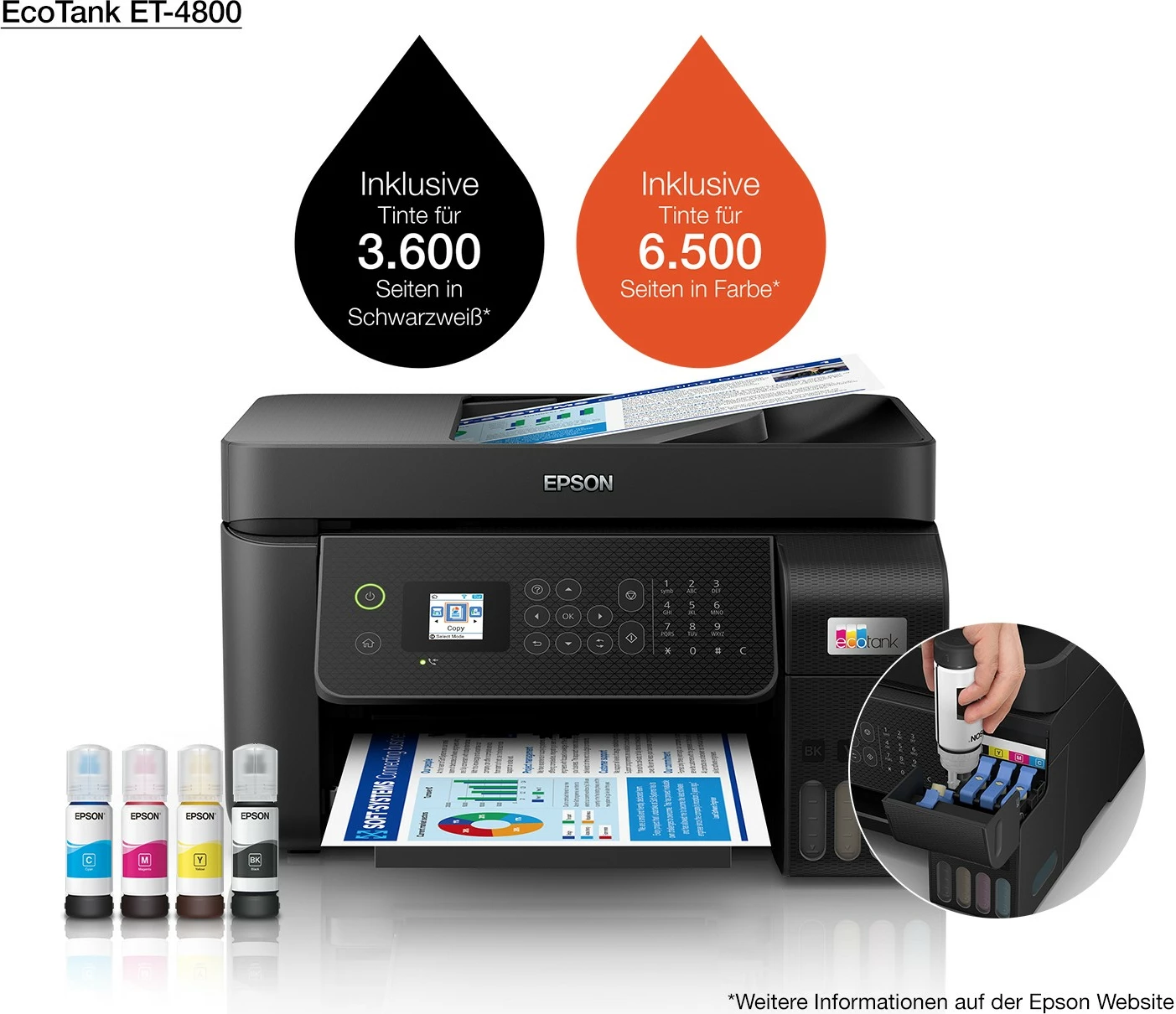 Printer multifunksional Epson EcoTank ET-4800, ngjyrë, A4, Wi-Fi, me skaner dhe faks, e zezë