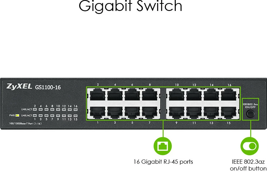 Switch Zyxel GS1100-16, 16x Gigabit Ethernet, unmanaged, metal, i zi