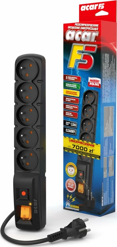 Zgjatues rryme me mbrojtje Acar F5 W0104, 5 priza, 1.5 m, 2300 W, prizë e drejtë, zi