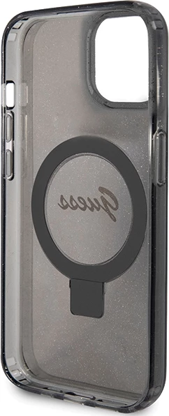 Mbështjellës Guess Ring Stand Script Glitter MagSafe për iPhone 13/14/15, i zi