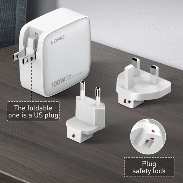 Karikues GaN LDNIO Q408 100W, 4 porte (1x USB-A + 3x USB-C), prizë universale, i bardhë